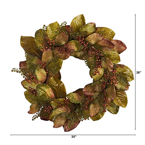 Silky Flower Store Artificial Fall Magnolia Leaf Berry Wreath, Autumn Door Wall Decor, 30in. 1 1 Product: Nearly Natural 30in. Fall Magnolia Leaf and Berries Artificial Wreath