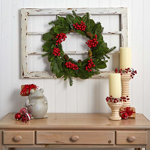 Silky Flower Store Artificial Magnolia Leaf Berry Pine Wreath, Emerald Magnolia Leaves, Crimson Berries, 24in. 3 3 Product: Nearly Natural 24in. Magnolia Leaf, Berry and Pine Artificial Wreath