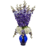 Product: Nearly Natural Delphinium and Hydrangea Artificial Blue Vase Silk Arrangements, Purple