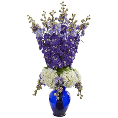 Product: Nearly Natural Delphinium and Hydrangea Artificial Blue Vase Silk Arrangements, Purple