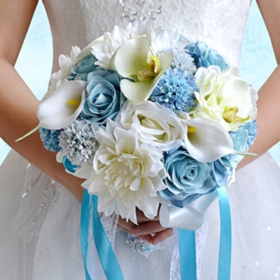 Product: Abbie Home Wedding Flower Set of 5 Calla Dahlia Orchid Bridal Bouquets Rose Bridesmaid Wrist Corsage Groomsman Boutonniere Brooch Pin (Z Set of 5)