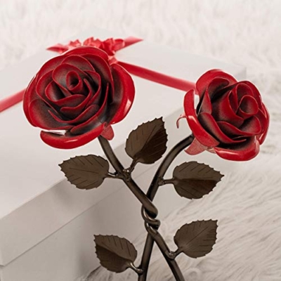 Silky Flower Store Hand-Forged Wrought Iron Double Red Metal Rose Twist Iron Anniversary Gift, Blacksmith Quebec, 8.5in 12 12 Product: Hand-Forged Wrought Iron Double Red Metal Rose with Twist - Iron Anniversary gift