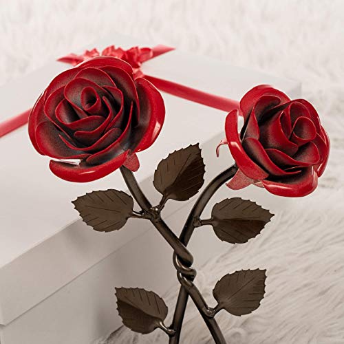 Silky Flower Store Hand-Forged Wrought Iron Double Red Metal Rose Twist Iron Anniversary Gift, Blacksmith Quebec, 8.5in 3 3 Product: Hand-Forged Wrought Iron Double Red Metal Rose with Twist - Iron Anniversary gift