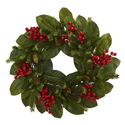 Product: Nearly Natural 24in. Magnolia Leaf, Berry and Pine Artificial Wreath