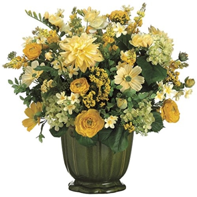 Product: Arcadia Silk Plantation 24" Hx21 Wx21 L Dahlia/ Hydrangea/Ranunculus in Pot Yellow Green