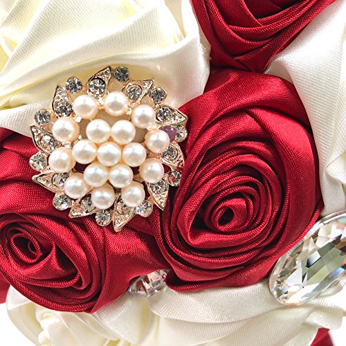 Product: Abbiehome Handmade Bridal Bridesmaids Brooch Bouquet Satin Roses with Crystal Diamond Pearl Decor (Burgundy+Ivory) 8"*8"*11"