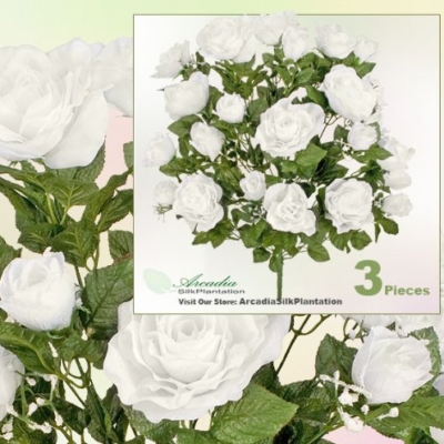 Product: Three 26" Artificial Open Rose Silk Flower Bushes with Dew Drops_Cream White