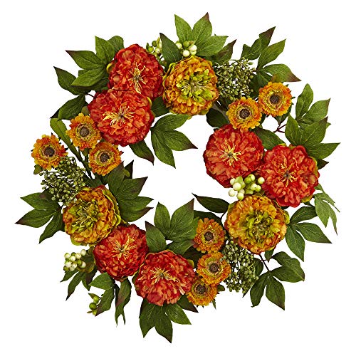 Product: Nearly Natural 4580 24â€ Peony and Mum Wreath,17.5'' x 5.25'' x 17.5'' , Green