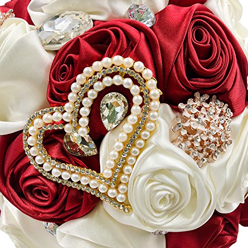 Product: Abbiehome Handmade Bridal Bridesmaids Brooch Bouquet Satin Roses with Crystal Diamond Pearl Decor (Burgundy+Ivory) 8"*8"*11"