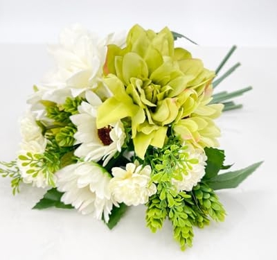 Silky Flower Store Handmade Dahlia Sunflowers Artificial Bouquet Green White Wedding Home Decor, 12PCS, 12in 9 9 Product: 12PCS Handmade Dahlia, Sunflowers Bouquet, Green White Artificial Flower for Wedding Home Decoration (NO VASE) for Wedding/Home Decoration