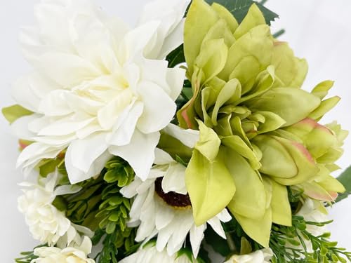 Product: 12PCS Handmade Dahlia, Sunflowers Bouquet, Green White Artificial Flower for Wedding Home Decoration (NO VASE) Used for Dining Table Center, Wedding Parties, and