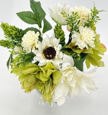 Product: 12PCS Handmade Dahlia, Sunflowers Bouquet, Green White Artificial Flower for Wedding Home Decoration (NO VASE) Used for Dining Table Center, Wedding Parties, and