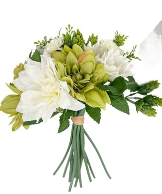 Product: 12PCS Handmade Dahlia, Sunflowers Bouquet, Green White Artificial Flower for Wedding Home Decoration (NO VASE) Used for Dining Table Center, Wedding Parties, and