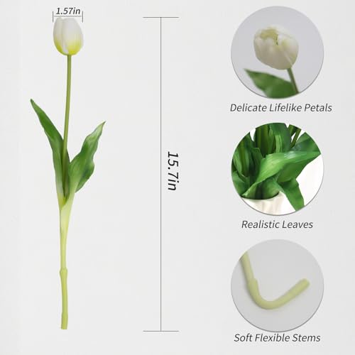 Product: 20 Artificial Tulips in Fluted Glass Vase, Waterproof Faux Flowers Bouquet for Wedding Home Office Decor, Table Centerpiece, Housewarming Birthday Gift Set (White)