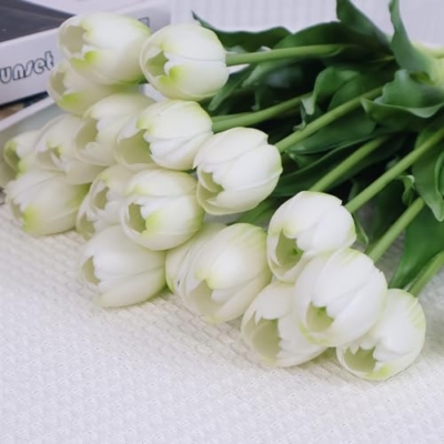 Product: 20 Artificial Tulips in Fluted Glass Vase, Waterproof Faux Flowers Bouquet for Wedding Home Office Decor, Table Centerpiece, Housewarming Birthday Gift Set (White)