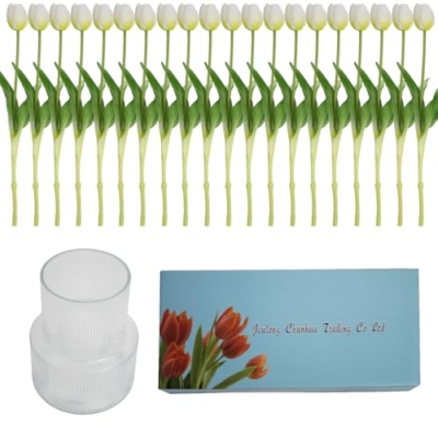 Product: 20 Artificial Tulips in Fluted Glass Vase, Waterproof Faux Flowers Bouquet for Wedding Home Office Decor, Table Centerpiece, Housewarming Birthday Gift Set (White)