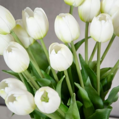 Product: 20 Artificial Tulips in Fluted Glass Vase, Waterproof Faux Flowers Bouquet for Wedding Home Office Decor, Table Centerpiece, Housewarming Birthday Gift Set (White)