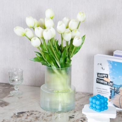 Product: 20 Artificial Tulips in Fluted Glass Vase, Waterproof Faux Flowers Bouquet for Wedding Home Office Decor, Table Centerpiece, Housewarming Birthday Gift Set (White)