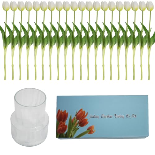 Product: 20 Artificial Tulips in Fluted Glass Vase, Waterproof Faux Flowers Bouquet for Wedding Home Office Decor, Table Centerpiece, Housewarming Birthday Gift Set (White)