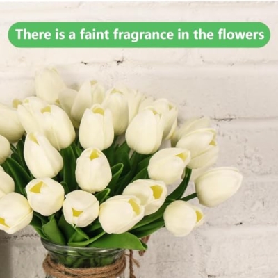 Silky Flower Store Artificial Tulips White Cream Faux Flowers, Graves Garden Outdoors Vase, 20 PCS, 20cm 12 12 Product: 20 PCS Artificial Tulips, Artificial Flowers for Graves, Decoration, Garden and Outdoors, Fake Tulips Faux Flowers That Look Real Artificial Flowers in Vase White Artificial Flowers Gift Tulips Cream