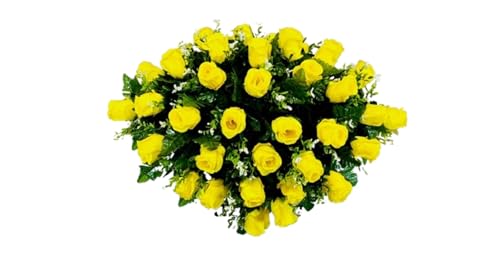 Product: Jucgghk Vivid and Realistic Floral Art 28" Yellow Roses Artificial Flowers, Fake Headstone Saddle, Sympathy Floral Arrangements for Outdoor Gravestone Decorations