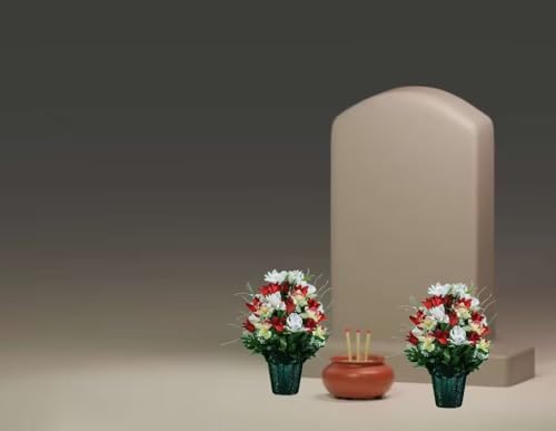 Product: Taozhiyuan Welcome Logo Flowers Red Tulips and White Iris Potted Flower Cemetery Arrangement, Graveside Flowers in Weighted Pot for Grave Decoration