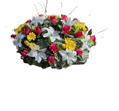 Product: Jucgghk Vivid and Realistic Floral Art Artificial Cemetery Flowers Saddle,White, Yellow and Red Single Headstone Cemetery Saddle for Outdoor Grave Decorations