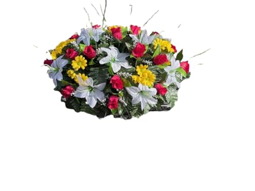 Product: Jucgghk Vivid and Realistic Floral Art Artificial Cemetery Flowers Saddle,White, Yellow and Red Single Headstone Cemetery Saddle for Outdoor Grave Decorations