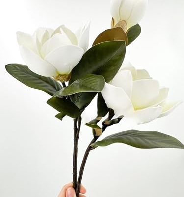 Silky Flower Store White Real Touch Magnolia Stem, 3 Heads Artificial Flower Wedding Home Decor, 30in 11 11 Product: 3PCS White Real Touch 3 Heads Magnolia Stem,30" Realistic Artificial Flower for Wedding Table DIY Floral Arrangement Party Home Decor(NO VASE) for Wedding/Home Decoration