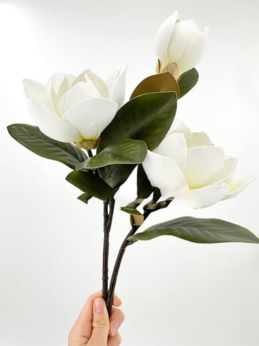 Silky Flower Store White Real Touch Magnolia Stem, 3 Heads Artificial Flower Wedding Home Decor, 30in 5 5 Product: 3PCS White Real Touch 3 Heads Magnolia Stem,30" Realistic Artificial Flower for Wedding Table DIY Floral Arrangement Party Home Decor(NO VASE) for Wedding/Home Decoration