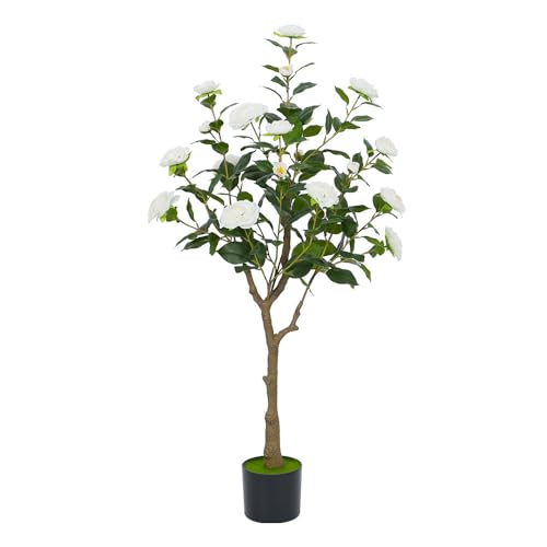 Product: Artificial Camellia Tree Fake Potted Tree with Realistic Blooming White Flowers Tree for Indoor Front Door Winter Christmas Home Decor, Faux Camellia Plant
