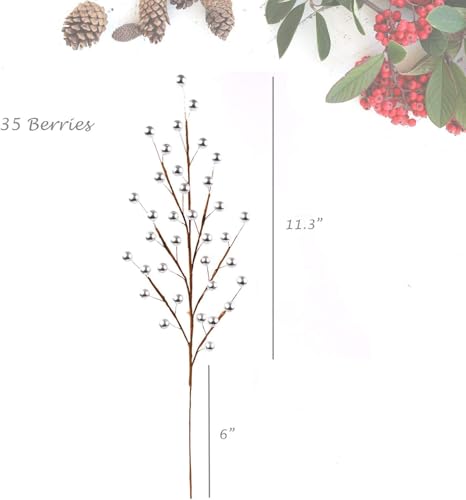 Product: Set of 48 Silver Holly Berry Stem Picks - 19" Decorative Wire Stem Branch Sprays for Christmas Tree Decoration, Holiday Décor, Silk Flower Arrangements