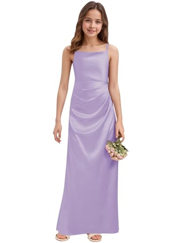 Product: WDCVGTR Lilac Junior Bridesmaid Dress Straps Satin Teen Girl Wedding Guest Gowns A-Line Square Neck Prom Party Flower Girl Dress 14