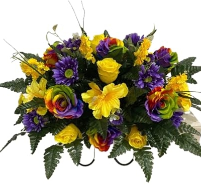 Product: Jucgghk Vivid and Realistic Floral Art Rainbow Roses Spring Cemetery Flowers,Headstone Flower,Grave Site Flower-,Flower for Cemetery