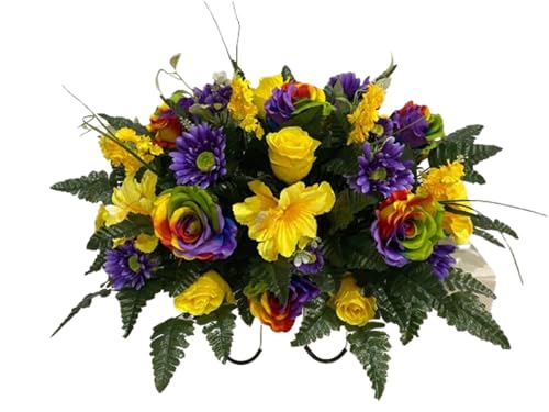 Product: Jucgghk Vivid and Realistic Floral Art Rainbow Roses Spring Cemetery Flowers,Headstone Flower,Grave Site Flower-,Flower for Cemetery