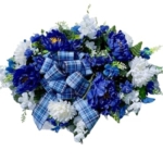 Product: Jucgghk Vivid and Realistic Floral Art 36" Blue and White with Bow Cemetery Saddle,Artificial Cemetery Flower Saddles for Graves,Outdoor Tombstone Headstone Decorations