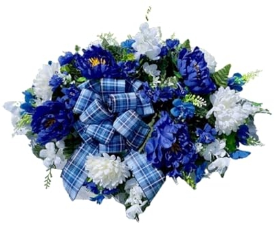Product: Jucgghk Vivid and Realistic Floral Art 36" Blue and White with Bow Cemetery Saddle,Artificial Cemetery Flower Saddles for Graves,Outdoor Tombstone Headstone Decorations