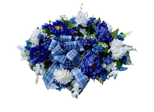 Product: Jucgghk Vivid and Realistic Floral Art 36" Blue and White with Bow Cemetery Saddle,Artificial Cemetery Flower Saddles for Graves,Outdoor Tombstone Headstone Decorations
