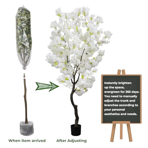 Silky Flower Store Artificial Cherry Blossom Tree White Flower Faux Tree Indoor Decor, 6 FT 5 5 Product: Artificial Cherry Blossom Tree White Flower Faux Tree Indoor Cherry Blossom Tree 6 FT Room Decor Gift