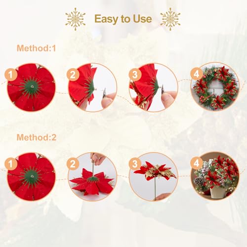Product: SPORTYOUTH 3ft x 50ft Fence Privacy Screen Green and 30 Pcs Red Gold Poinsettia Artificial Christmas Flowers with Clips Stems