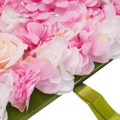 Silky Flower Store Artificial Flower Wall Panel, White Pink Gold Rose Hydrangea Dahlia Backdrop, Indoor Outdoor Decor, 3.28 x 3.28ft 9 9 Product: Cncestore 3.28 * 3.28ft Artificial Flower Wall Panels with Straps, Artificial Flower Background Flower Wall Mat