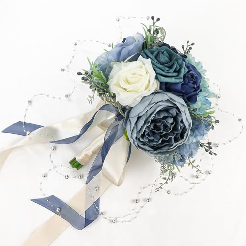 Product: Dusty Blue Bride Bouquet & Bridesmaid Bouquets Set of 2 for Wedding Artificial Roses Flowers Wedding Flowers Bouquets for Bride Bridesmaids Marriage Proposal Party Church Decoration
