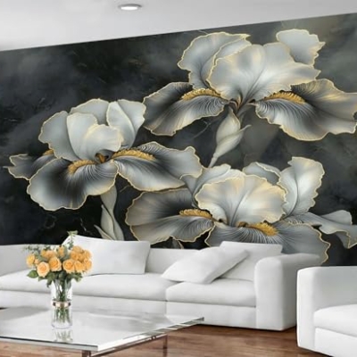 Product: Gray Iris Wall Mural Vintage Dark Floral Mural 3D Luxury Floral Wallpaper for Living Room Vintage Tropical Flower Murals Green Botanical Murals for Bedroom 169.3" x 118.2"