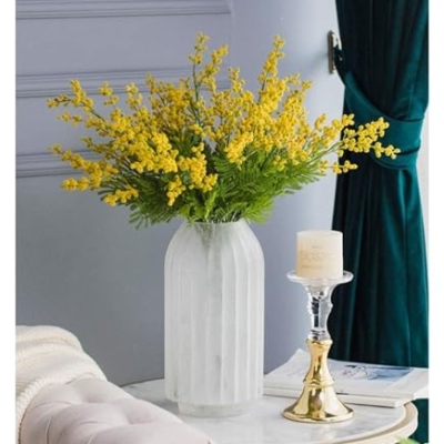 Product: GTEFSWS Artificial Flowers Fake Flower Artificial Yellow Acacia Flowers Mimosa Plush Silk Flower Fake Flower Vase Set Home Wedding Party Table Decor(Frosted Vase+Flower)