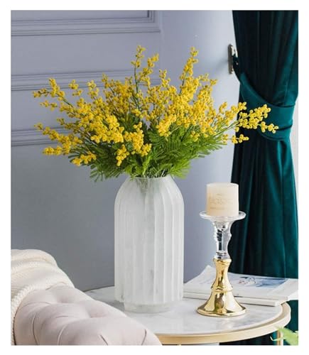 Product: GTEFSWS Artificial Flowers Fake Flower Artificial Yellow Acacia Flowers Mimosa Plush Silk Flower Fake Flower Vase Set Home Wedding Party Table Decor(Frosted Vase+Flower)