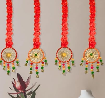 Product: MANTRAMART Artificial Marigold Flower Garland with Pom Pom & Bell – Pack of 4 – Hanging Decoration for Home, Diwali, Wedding, Pooja, Festival & Event Decor