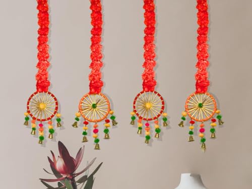 Product: MANTRAMART Artificial Marigold Flower Garland with Pom Pom & Bell – Pack of 4 – Hanging Decoration for Home, Diwali, Wedding, Pooja, Festival & Event Decor