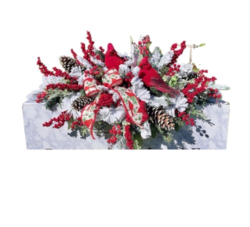 Product: Jucgghk Vivid and Realistic Floral Art Two Redbirds with Red and White Christmas Cemetery Saddle, Christmas Cemetery Flowers, Headstone Saddle Arrangement, Christmas Saddle for Headstone