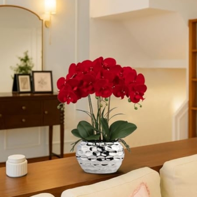Product: Briful Red Orchid Artificial Flowers 18" Large Silk Orchid with Silver Ceramic Pots Fake Orchid Arrangement for Home Office Bathroom Living Room Table Decoration