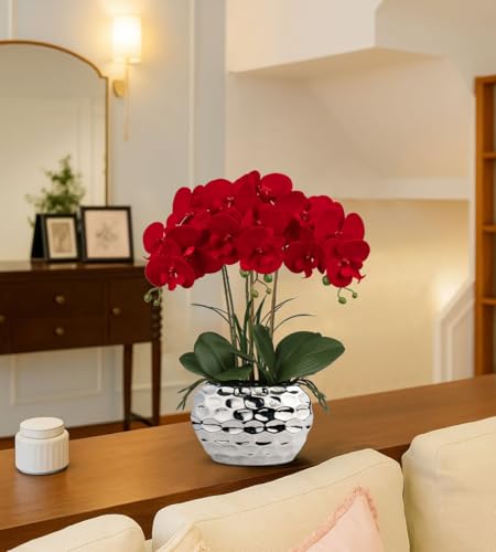 Product: Briful Red Orchid Artificial Flowers 18" Large Silk Orchid with Silver Ceramic Pots Fake Orchid Arrangement for Home Office Bathroom Living Room Table Decoration